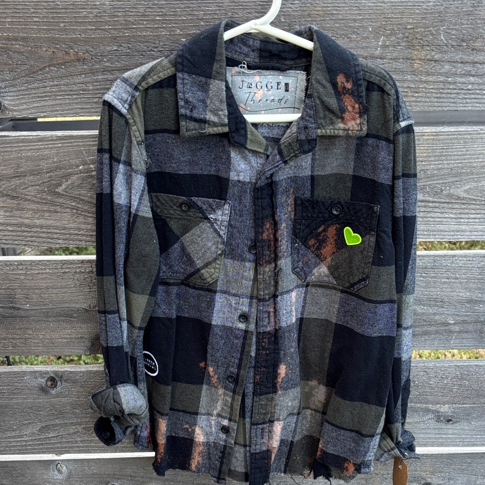 Repurposed Plaid Button-Up Shirt with Heart Patch by “Jagged Threads”